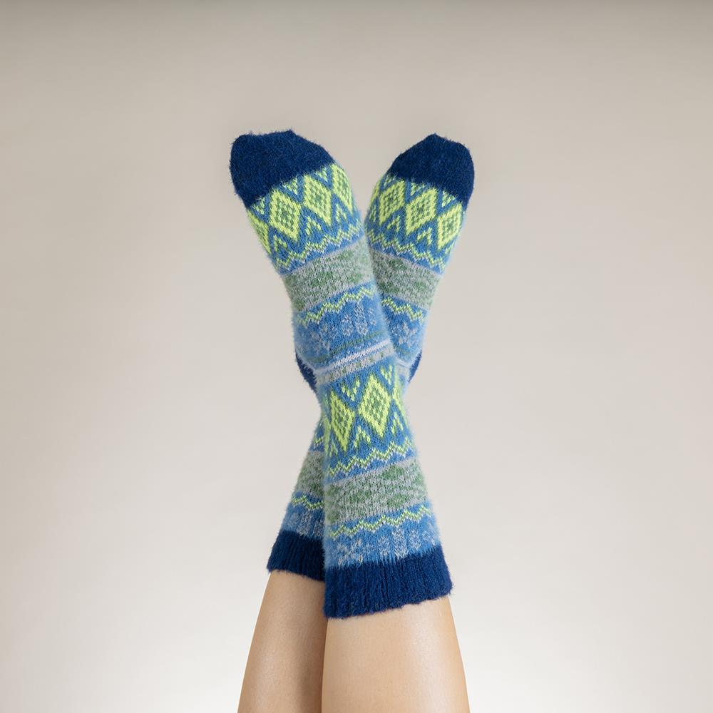Dark blue and yellow Scandi patterned soft Wool Blend socks