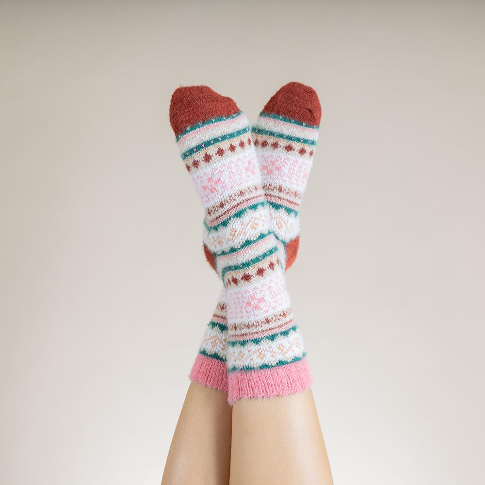 Cream, pink and brown Scandi patterned soft Wool Blend socks